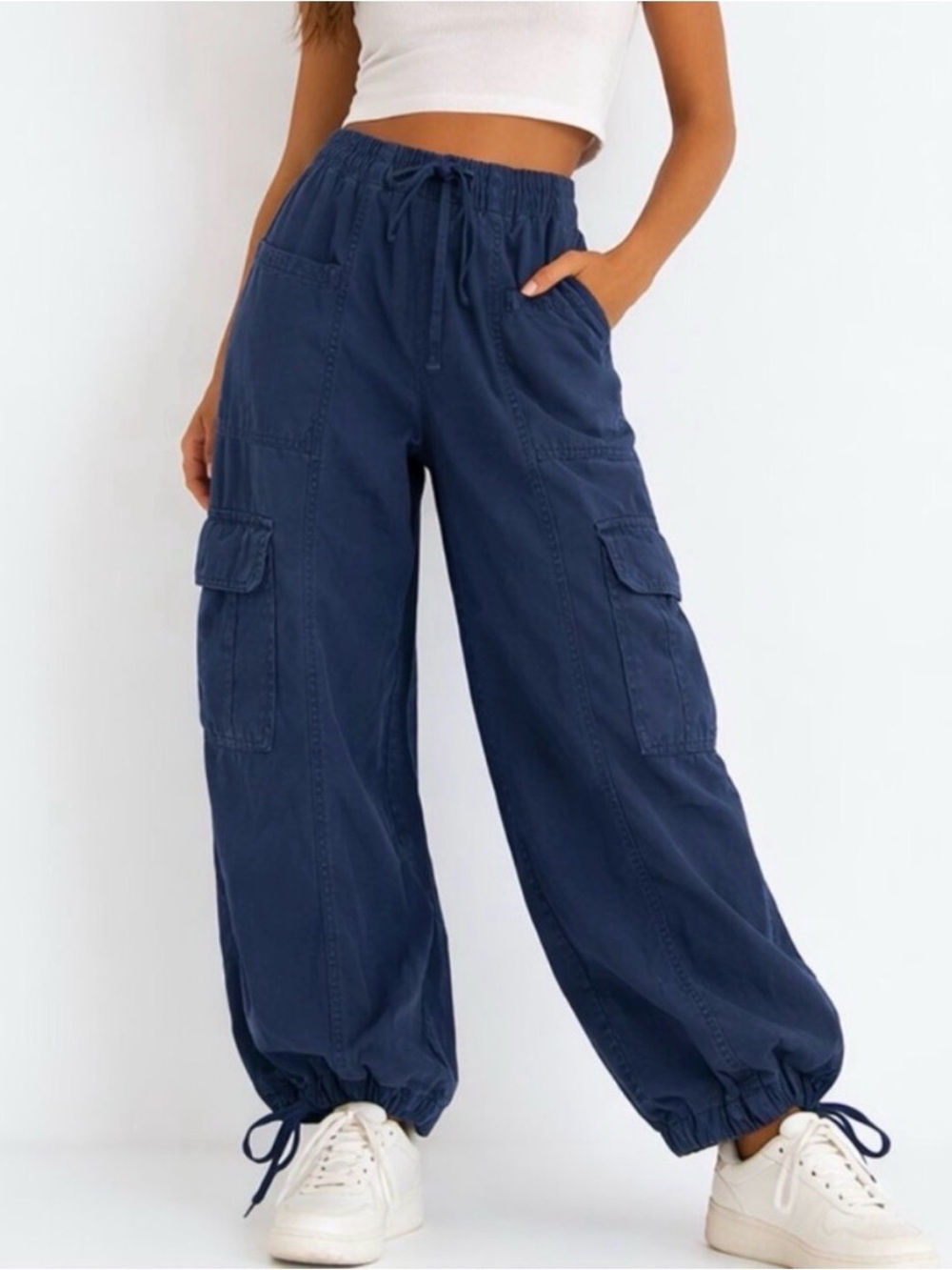 NWT AERIE High Waisted Go-For-It Baggy Cargo Parachute Pants Navy Blue Size XS
